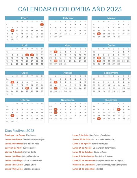 calendario en colombia 2023 con festivos